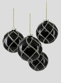 4in Round Glitter Swirl Shiny Black Glass Ornament Ball