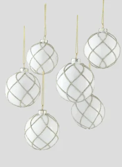 3in Round Glitter Swirl White Glass Ornament Ball, Set of 6