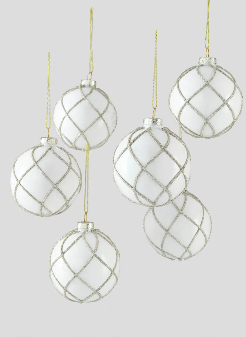 3in Round Glitter Swirl White Glass Ornament Ball, Set of 6