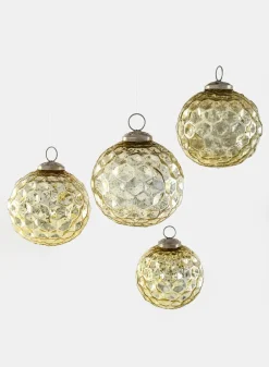 4in Round Gold Diamond Dimple Glass Ball Ornament