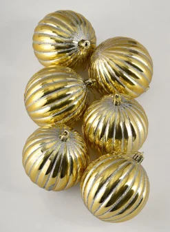 3in Round Gold Hand-Painted Plastic Pumpkin Balls (80mm), Set of 6