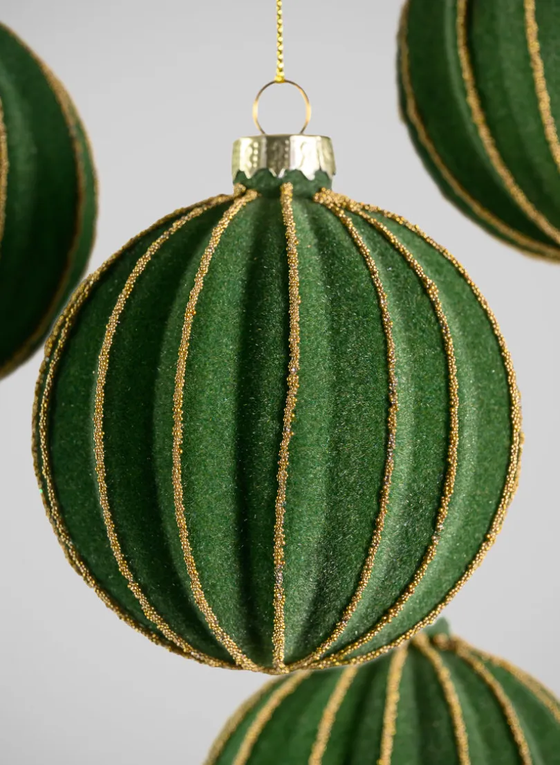 3in Round Gold Lined Christmas Green Velvet Glass Ornament, Set of 6