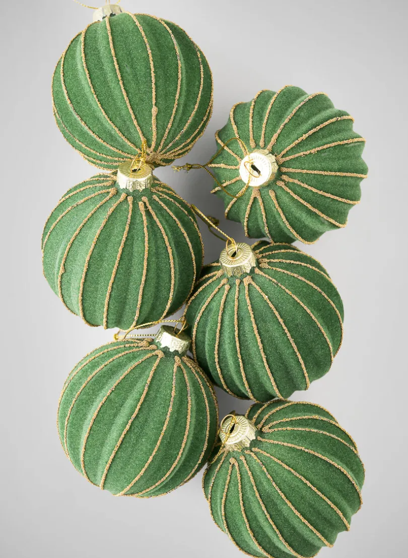 3in Round Gold Lined Christmas Green Velvet Glass Ornament, Set of 6