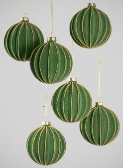 3in Round Gold Lined Christmas Green Velvet Glass Ornament, Set of 6