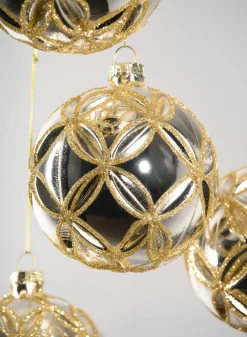 3in Round Gold Lined Shiny Silver Baroque Glass Ornament, Set of 6