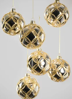 3in Round Gold Lined Shiny Silver Baroque Glass Ornament, Set of 6