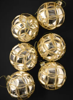 3in Round Gold Lined Shiny Silver Baroque Glass Ornament, Set of 6