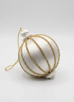 4in Round Gold Rhinestone White Hanging Decorative Ornament