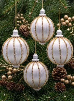 4in Round Gold Rhinestone White Hanging Decorative Ornament