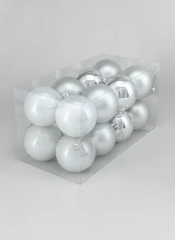 3in Round Pearl, Matte, Light, & Shiny Silver Ornament Plastic Ball, Set of 16