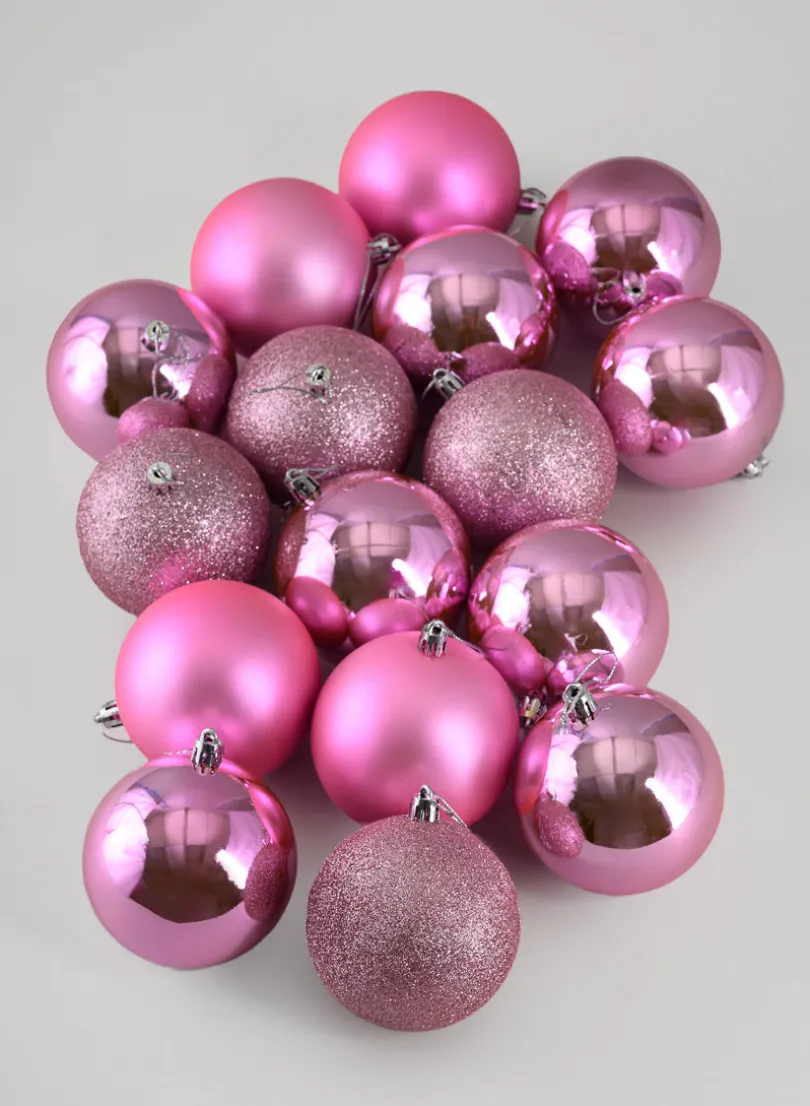 3in Round Pink Shiny / Matte / Glitter Plastic Ball (80mm), Set of 16