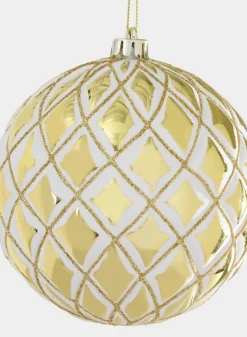 4in Round Plastic "Real Glass Look" Antique White Gold Ornament