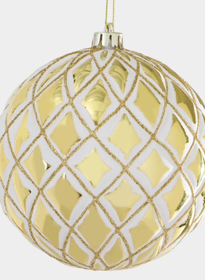 4in Round Plastic "Real Glass Look" Antique White Gold Ornament