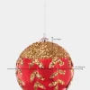 6in Round Plastic "Real Glass Look" Beaded Leaves Red Ornament