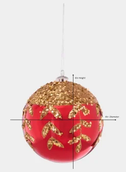 6in Round Plastic "Real Glass Look" Beaded Leaves Red Ornament