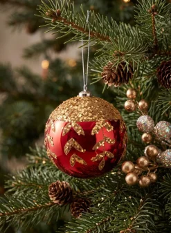 6in Round Plastic "Real Glass Look" Beaded Leaves Red Ornament