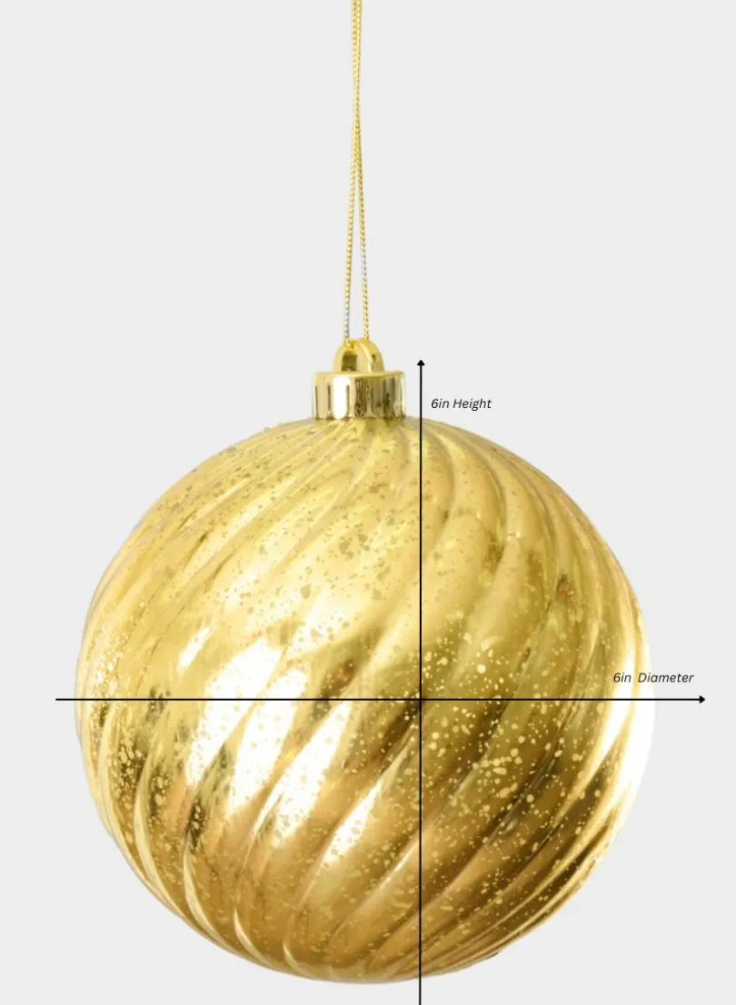 6in Round Plastic "Real Mercury Glass Look" Gold Swirl Ornament