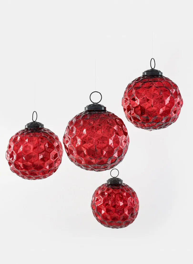 4in Round Red Diamond Dimple Glass Ball Ornament