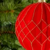 6in Round Red Flocked Stripe Plastic Ornament