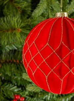 6in Round Red Flocked Stripe Plastic Ornament