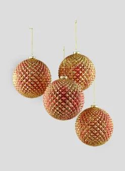 5in Round Red/Gold Durian Glitter Plastic Ball, Set of 4