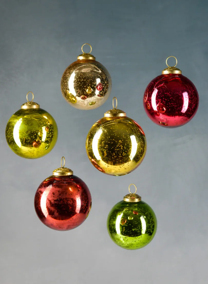 3in Round Red, Green & Gold Glass Ornament Balls with Gold Hook