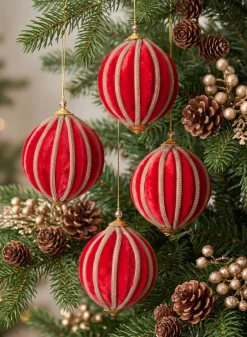 4in Round Red Velvet & Rhinestone Decorative Hanging Ball Ornament