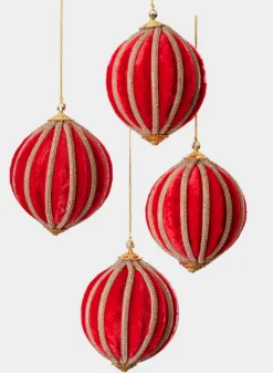 4in Round Red Velvet & Rhinestone Decorative Hanging Ball Ornament