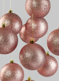 3in Round Rose Gold Glitter Ball Plastic Ornament, Set of 12