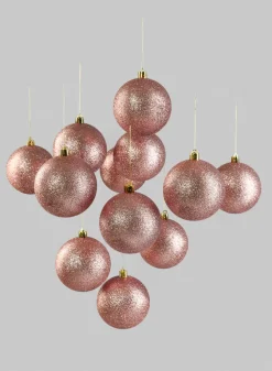 3in Round Rose Gold Glitter Ball Plastic Ornament, Set of 12