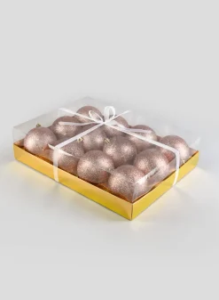 3in Round Rose Gold Glitter Ball Plastic Ornament, Set of 12