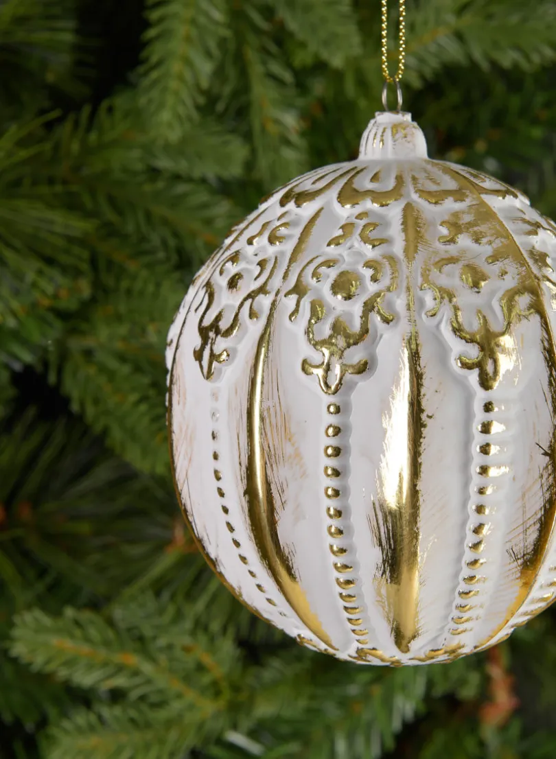 4in Round Royal Etched Gold White Plastic Ornament