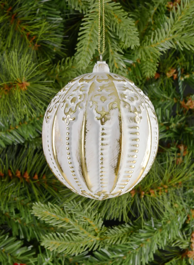 4in Round Royal Etched Gold White Plastic Ornament