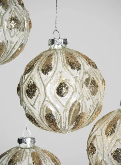 4in Round Royal Gold Glitter Glass Ornament, Set of 4