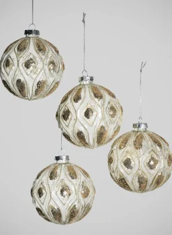 4in Round Royal Gold Glitter Glass Ornament, Set of 4