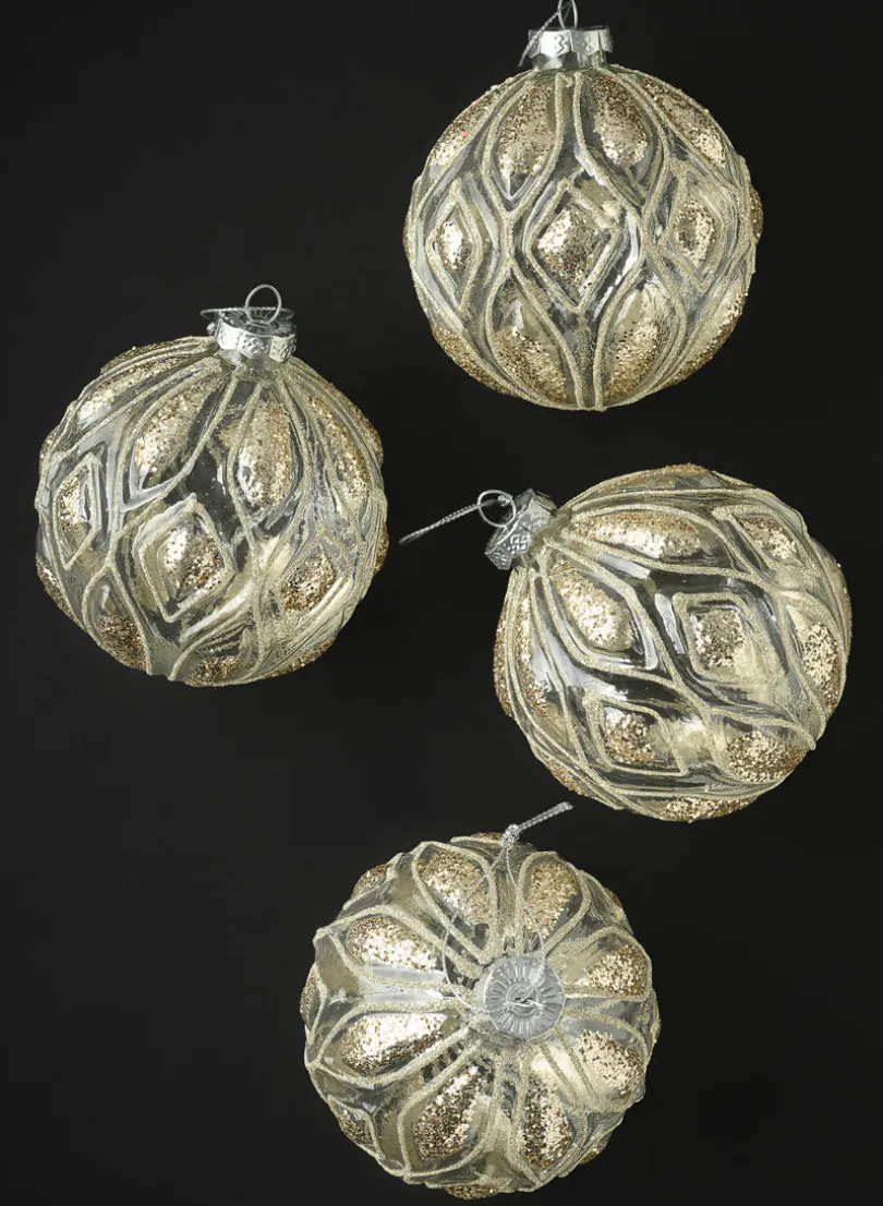 4in Round Royal Gold Glitter Glass Ornament, Set of 4