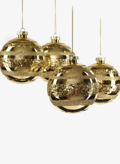 4in Round Shiny Gold With Glitter Stripes Ornament Plastic Balls, Set of 4