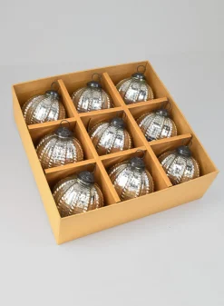 3in Round Silver Beaded Glass Ornament Ball, Set of 9