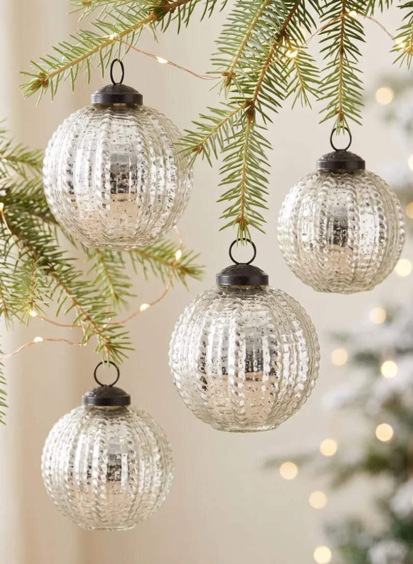 3in Round Silver Beaded Glass Ornament Ball, Set of 9