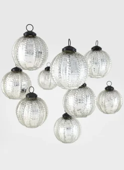 3in Round Silver Beaded Glass Ornament Ball, Set of 9