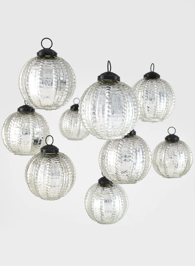 3in Round Silver Beaded Glass Ornament Ball, Set of 9