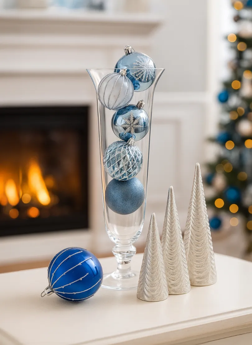 4in Round Silver Dust Lined Cobalt Blue Plastic Ornament Ball