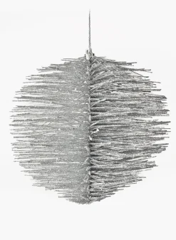 7in Round Silver Glitter Brush Ornament Ball, Case of 12