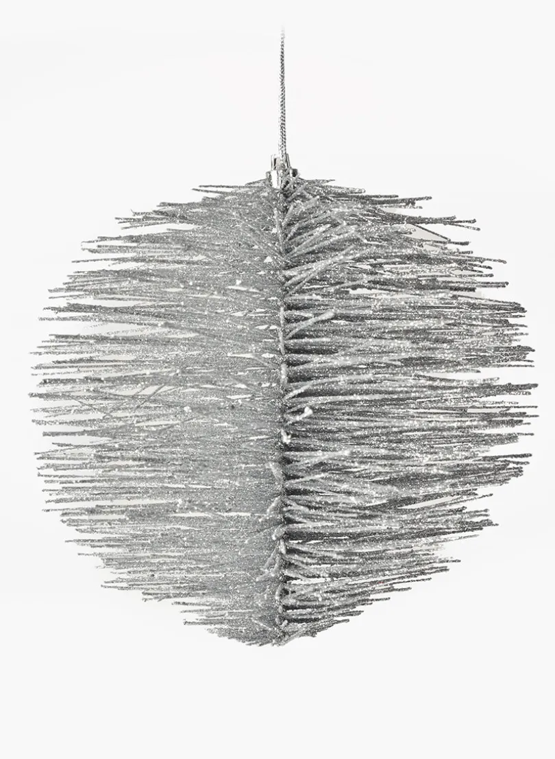 7in Round Silver Glitter Brush Ornament Ball, Case of 12