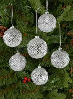 3in Round Silver Glitter Durian Ball Plastic Ornament, Set of 6