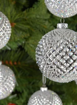 3in Round Silver Glitter Durian Ball Plastic Ornament, Set of 6