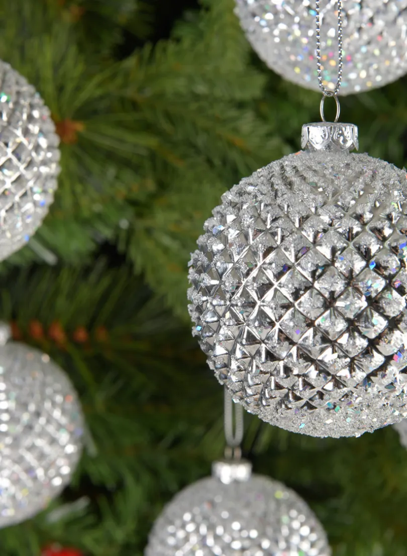 3in Round Silver Glitter Durian Ball Plastic Ornament, Set of 6