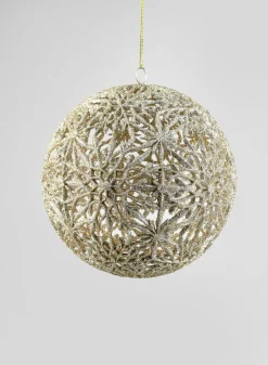 8in Round Snowflake Hollow Plastic Ball - Laser & Champagne Gold Glitter