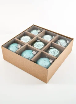 3in Round Teal Mix Glass Ornament Balls, Set of 9