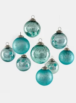 3in Round Teal Mix Glass Ornament Balls, Set of 9
